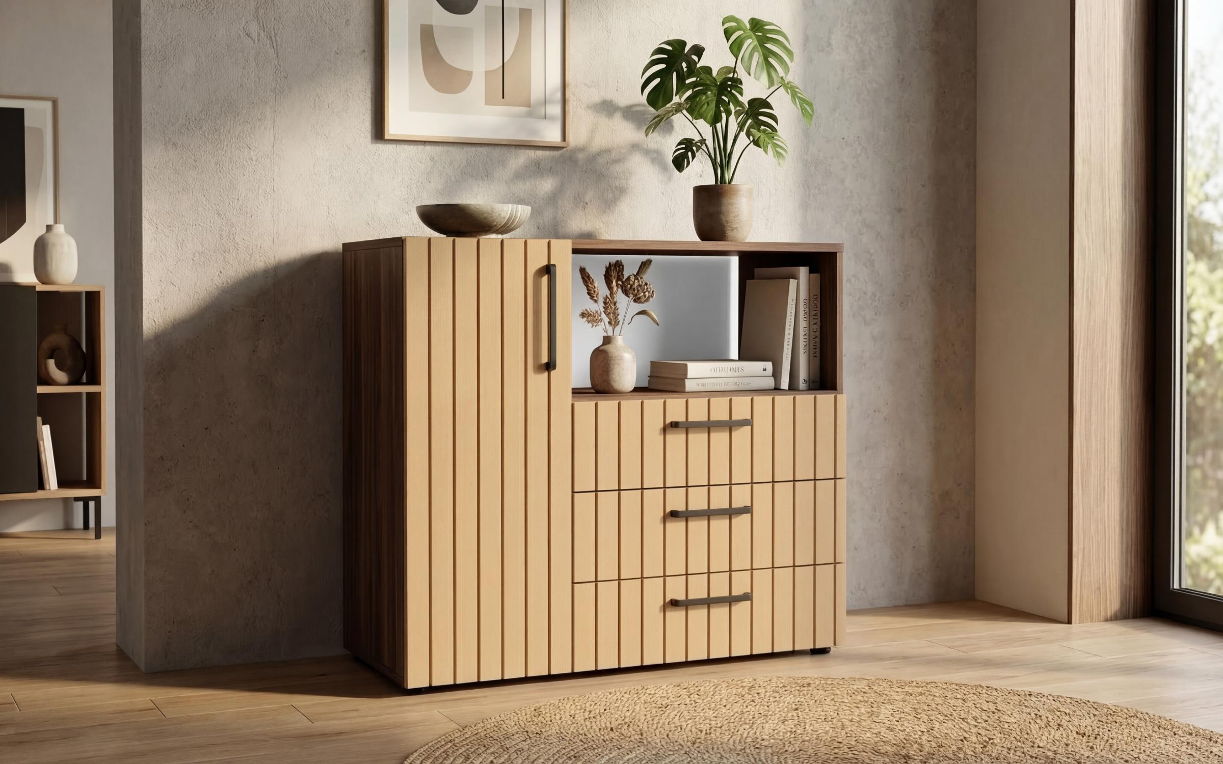 Comoda Barx, stejar scandinav inchis + satin galben  1